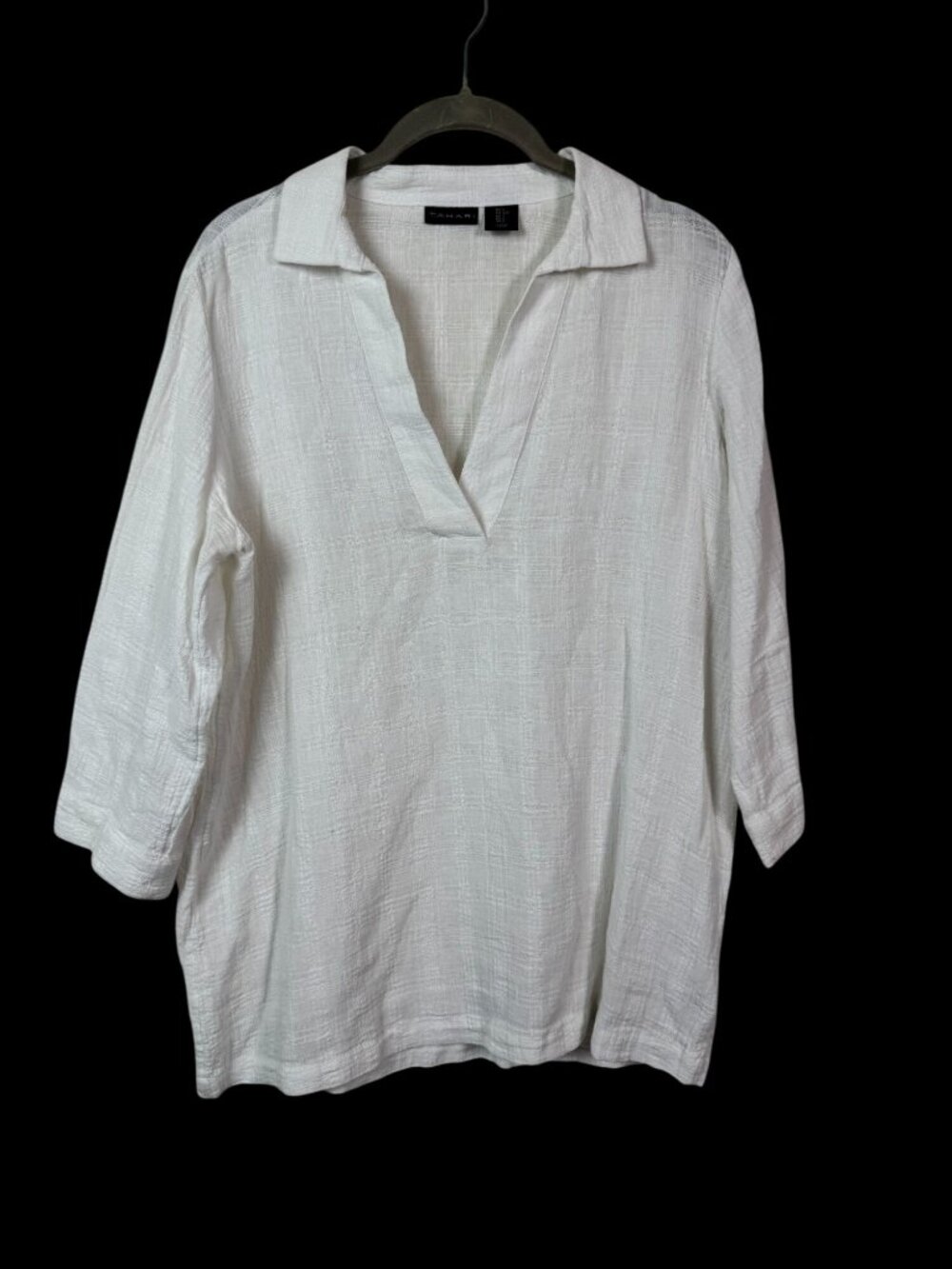 Tahari Women White Linen Cotton Blend Gauzy Textured Tunic Top 3/4 Sleeves Small